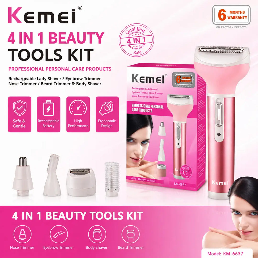 4-in-1 Rechargeable Lady Shaver & Grooming Kit – Pink
